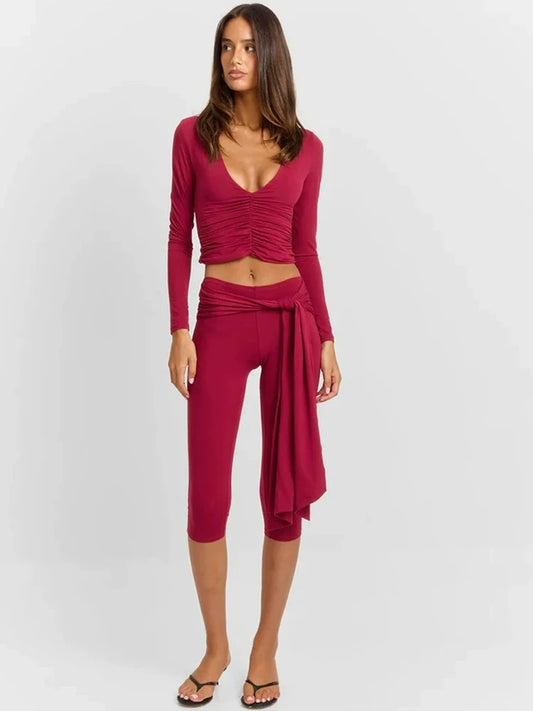 JULISSA MO Deep V-neck Ruched Bandage Women Pant Suit Red Long Sleeve Tops Short Pants Female Summer Slim Casual Two Piece Sets