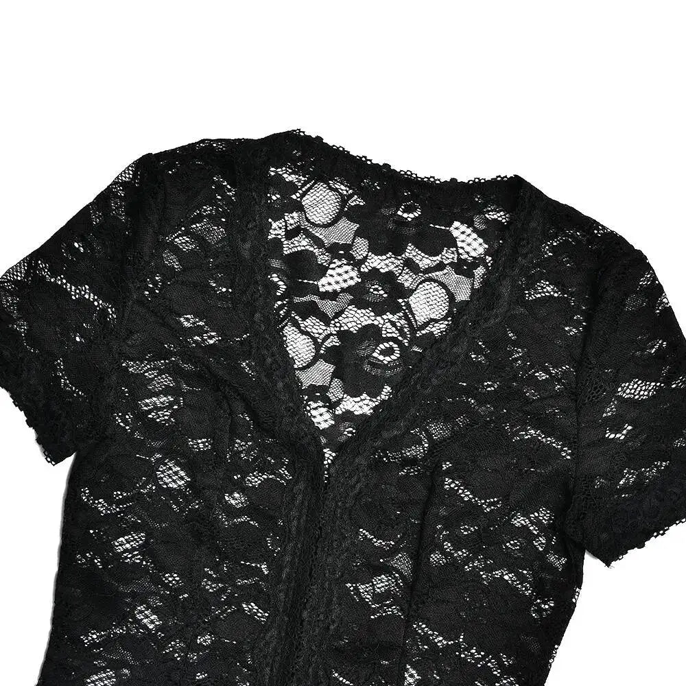 JULISSA MO Sexy Deep V-neck Sheer Lace Women T-shirt Black Short Sleeve Floral T-shirt Summer Skinny Casual Vacation Streetwear