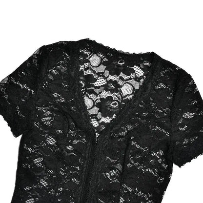 JULISSA MO Sexy Deep V-neck Sheer Lace Women T-shirt Black Short Sleeve Floral T-shirt Summer Skinny Casual Vacation Streetwear