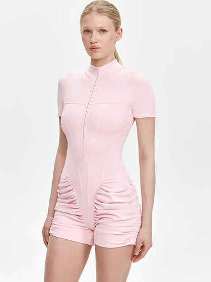 JULISSA MO Turtleneck Yoga Short Sleeve Zipper Women Playsuit High Waist Ruched Bodysuit Summer Slim Casual Sporty Playsuit New
