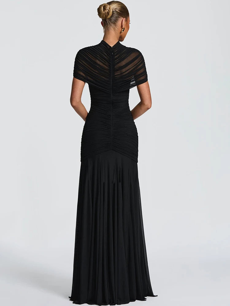 JULISSA MO Patchwork Sexy Hollow Out Sheer Mesh Women Maxi Dress Turtleneck Ruched Dress Spring Slim Elegant Party Evening Dress