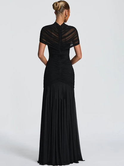 JULISSA MO Patchwork Sexy Hollow Out Sheer Mesh Women Maxi Dress Turtleneck Ruched Dress Spring Slim Elegant Party Evening Dress