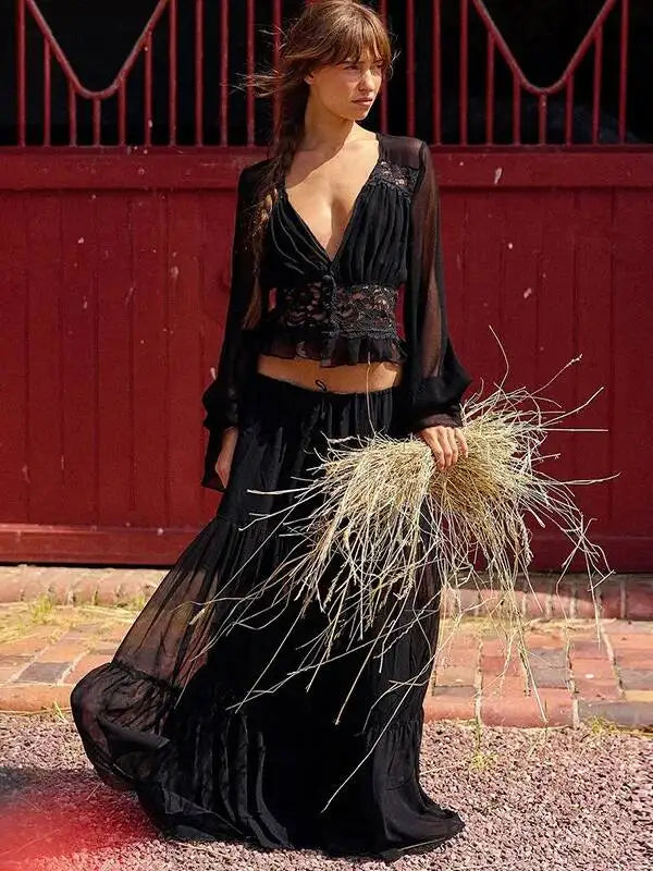 JULISSA MO Patchwork Sexy Deep V-neck Sheer Chiffon Women Skirt Set Long Sleeve Top Long Skirt Spring Slim Casual Two Piece Sets