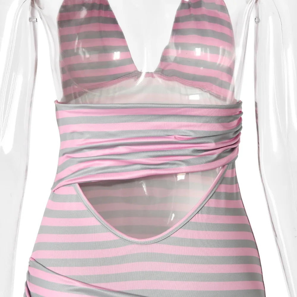 JULISSA MO Sexy Backless Print Striped Bandage Women Mini Dress Hollow Out Halter Dress Summer Skinny Elegant Party Club Dresses