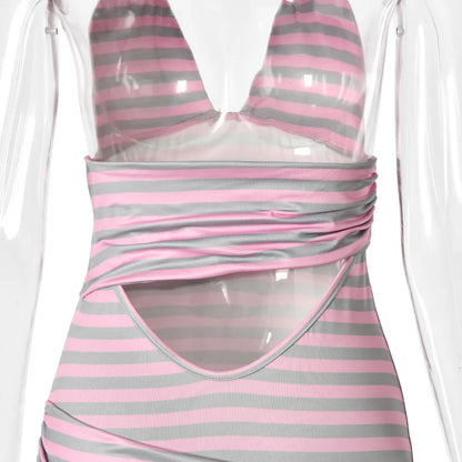 JULISSA MO Sexy Backless Print Striped Bandage Women Mini Dress Hollow Out Halter Dress Summer Skinny Elegant Party Club Dresses