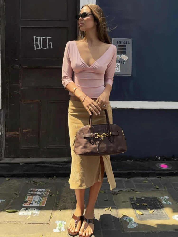 JULISSA MO Sexy Deep V-neck Side Slit Women T-shirt Apricot Half Sleeve Y2k Short T-shirts Female Summer Slim Casual Streetwear