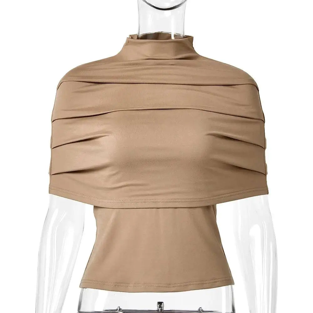 JULISSA MO Solid Turtleneck Pleated Women Tops Apricot Strapless Tank Top Pullover Shawl Summer Slim Casual Two Piece Sets 2026