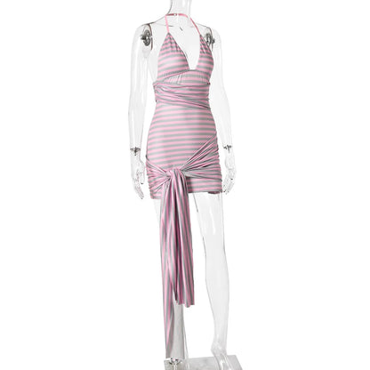 JULISSA MO Sexy Backless Print Striped Bandage Women Mini Dress Hollow Out Halter Dress Summer Skinny Elegant Party Club Dresses