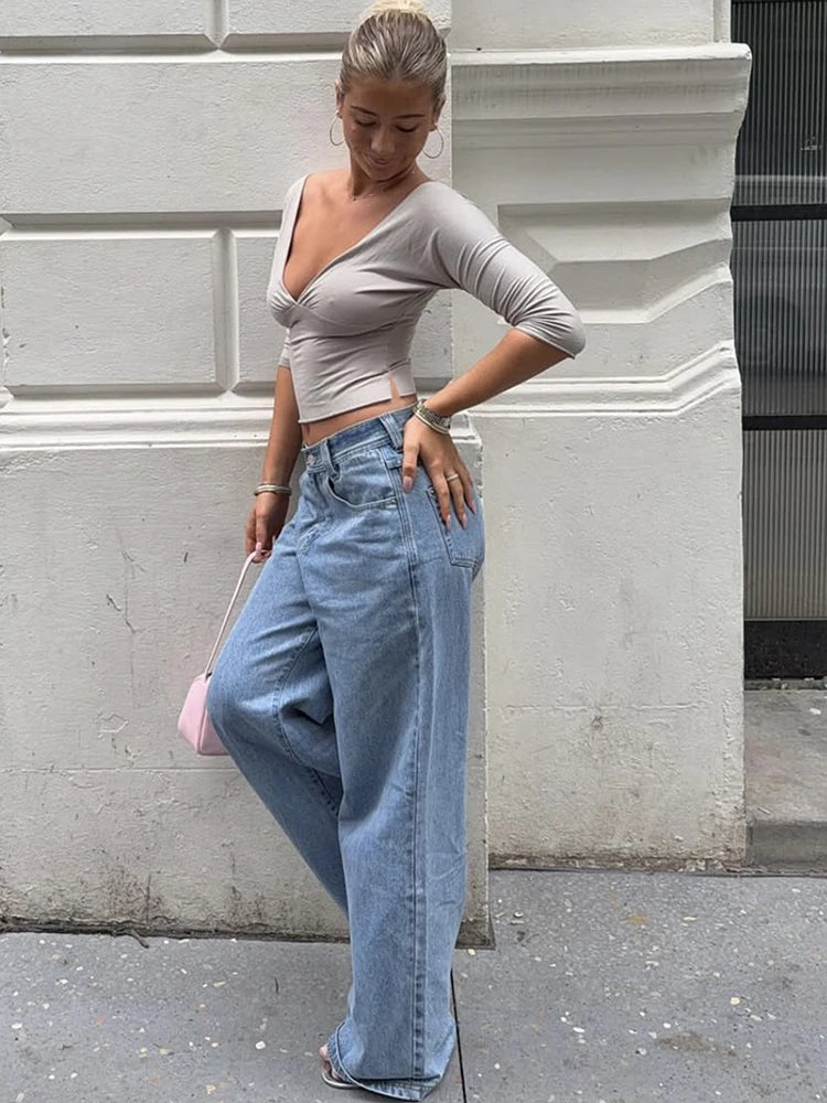 JULISSA MO Sexy Deep V-neck Side Slit Women T-shirt Apricot Half Sleeve Y2k Short T-shirts Female Summer Slim Casual Streetwear