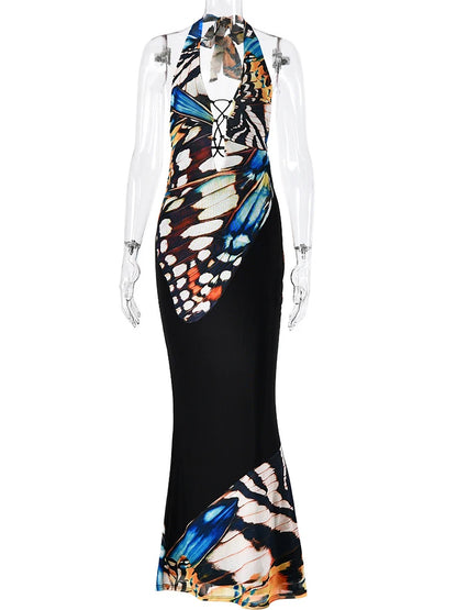 JULISSA MO Sexy Deep V-neck Print Halter Women Maxi Dress Black Backless High Waist Dress Summer New Elegant Party Evening Dress