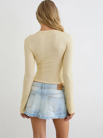 JULISSA MO Print Polka Dots Deep V-neck Women T-shirt Long Sleeve Casual Short T-shirt Summer Skinny Fashion Holiday Streetwear
