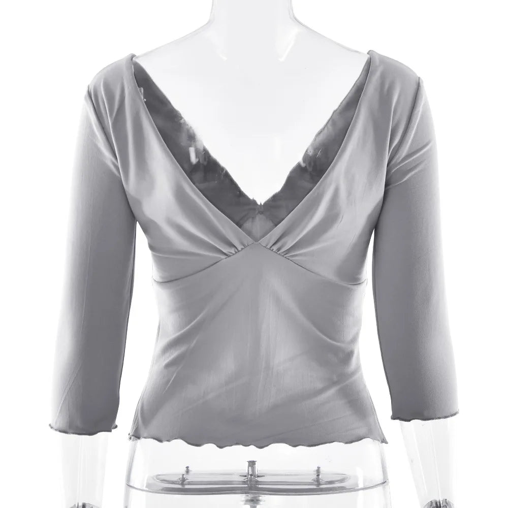 JULISSA MO Sexy Deep V-neck Side Slit Women T-shirt Apricot Half Sleeve Y2k Short T-shirts Female Summer Slim Casual Streetwear