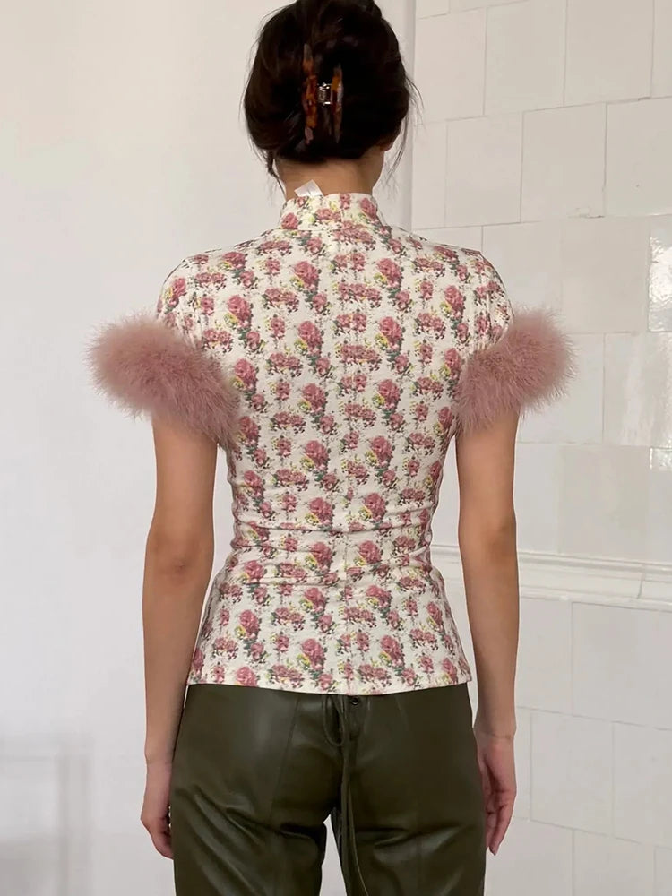 JULISSA MO Turtleneck Patchwork Feather Sleeve Women T-shirts Short Sleeve Casual Short Tops Summer Slim Fashion Party Clubwear
