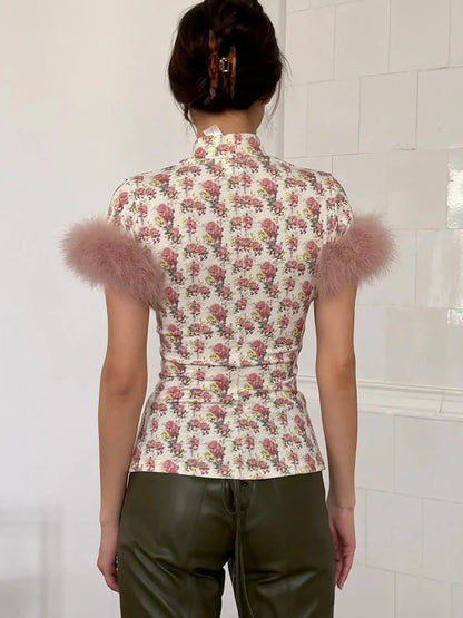 JULISSA MO Turtleneck Patchwork Feather Sleeve Women T-shirts Short Sleeve Casual Short Tops Summer Slim Fashion Party Clubwear