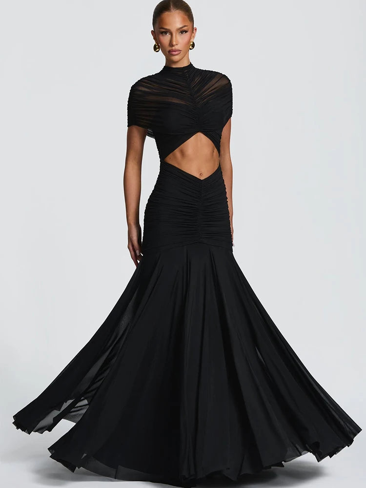 JULISSA MO Patchwork Sexy Hollow Out Sheer Mesh Women Maxi Dress Turtleneck Ruched Dress Spring Slim Elegant Party Evening Dress