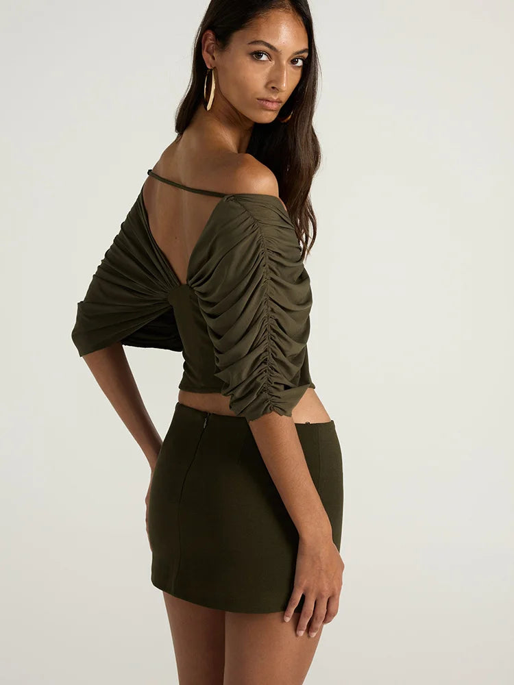 JULISSA MO Sexy Deep V-neck Off Shoulder Women T-shirt Green Short Sleeve Backless T-shirt Summer Slim Casual Vacation Beachwear