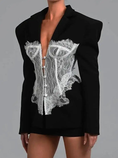 JULISSA MO Patchwork Deep V-neck Lace Women Blazer Black Long Sleeve Single Breasted Jacket Autumn Skinny Elegant Party Clubwear