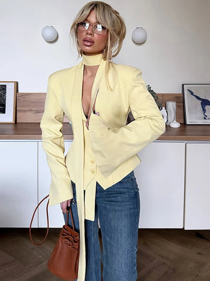 JULISSA MO Sexy Deep V-neck Ribbons Women Blazers White Long Sleeve Single Breasted Blazer Autumn Slim Elegant Official Clothing