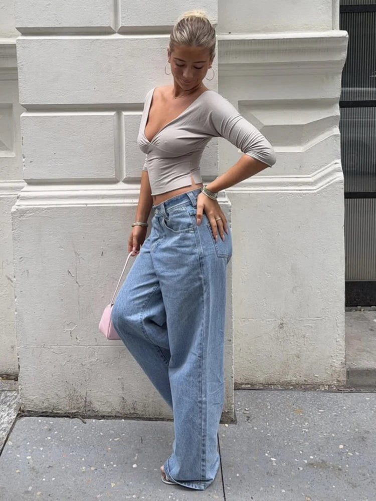 JULISSA MO Sexy Deep V-neck Side Slit Women T-shirt Apricot Half Sleeve Y2k Short T-shirts Female Summer Slim Casual Streetwear