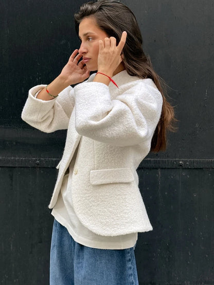 JULISSA MO Autumn Winter New Thick Woolen Coat Women White Long Sleeve Single Breasted Coat Female Loose Casual Streetwear 2025