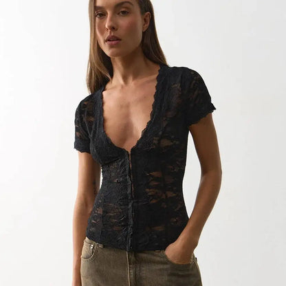 JULISSA MO Sexy Deep V-neck Sheer Lace Women T-shirt Black Short Sleeve Floral T-shirt Summer Skinny Casual Vacation Streetwear
