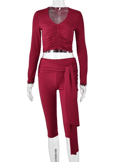 JULISSA MO Deep V-neck Ruched Bandage Women Pant Suit Red Long Sleeve Tops Short Pants Female Summer Slim Casual Two Piece Sets