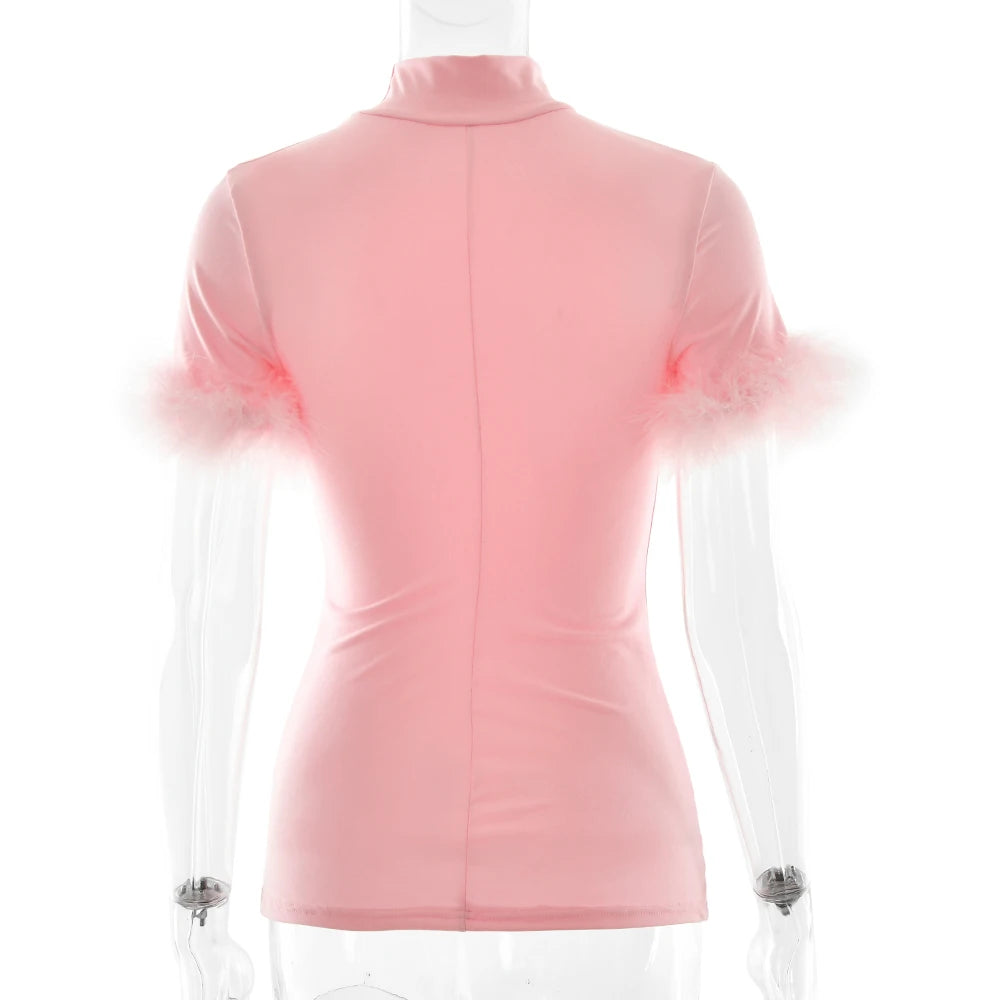 JULISSA MO Turtleneck Patchwork Feather Sleeve Women T-shirts Short Sleeve Casual Short Tops Summer Slim Fashion Party Clubwear