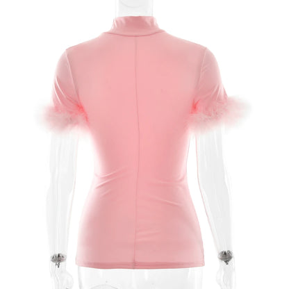 JULISSA MO Turtleneck Patchwork Feather Sleeve Women T-shirts Short Sleeve Casual Short Tops Summer Slim Fashion Party Clubwear