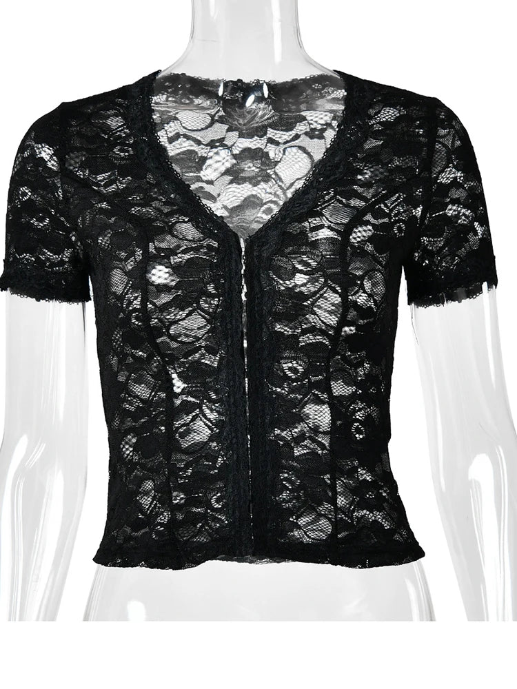 JULISSA MO Sexy Deep V-neck Sheer Lace Women T-shirt Black Short Sleeve Floral T-shirt Summer Skinny Casual Vacation Streetwear