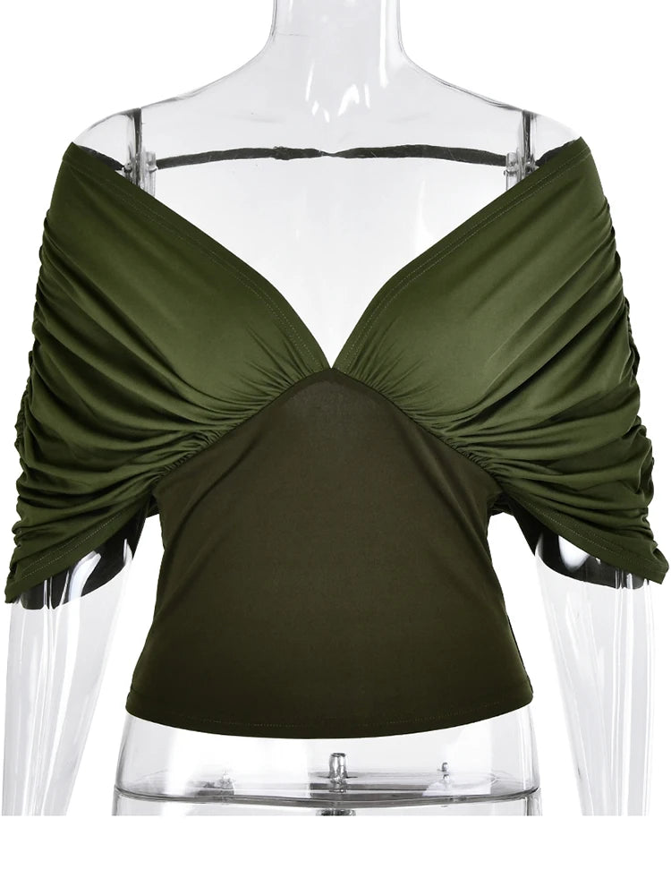 JULISSA MO Sexy Deep V-neck Off Shoulder Women T-shirt Green Short Sleeve Backless T-shirt Summer Slim Casual Vacation Beachwear