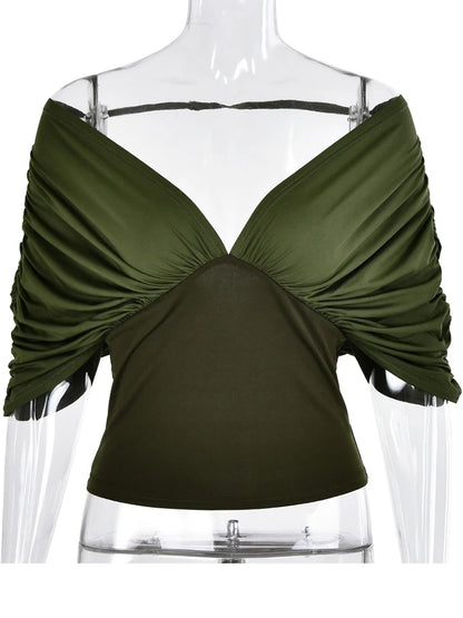 JULISSA MO Sexy Deep V-neck Off Shoulder Women T-shirt Green Short Sleeve Backless T-shirt Summer Slim Casual Vacation Beachwear