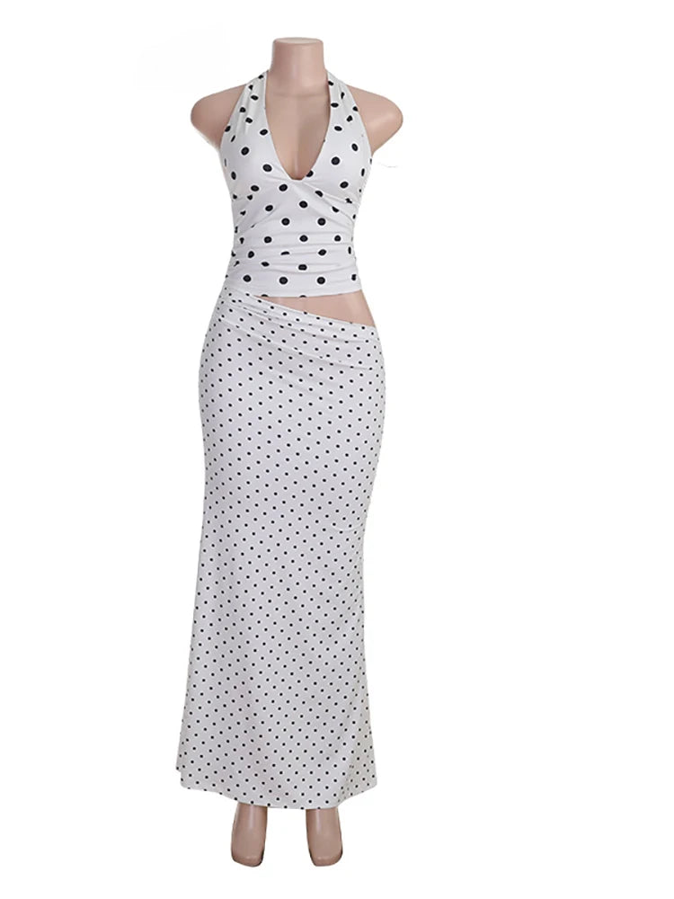 JULISSA MO Sexy Deep V-neck Print Polka Dot Halter Women Skirt Suit Backless Top Long Skirt Summer Skinny Elegant Two Piece Sets