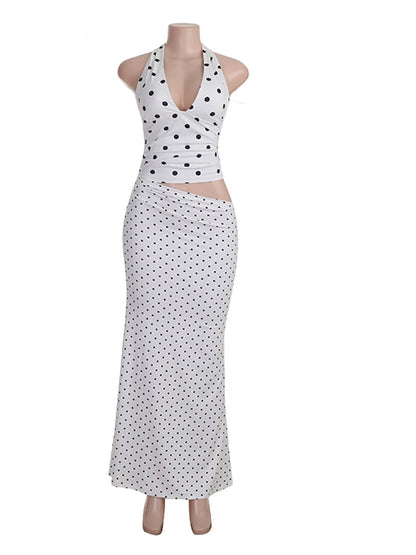 JULISSA MO Sexy Deep V-neck Print Polka Dot Halter Women Skirt Suit Backless Top Long Skirt Summer Skinny Elegant Two Piece Sets