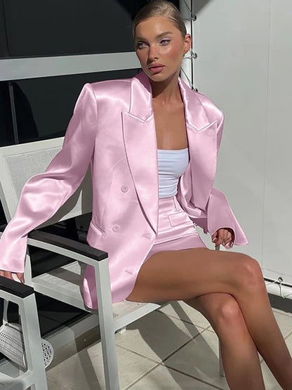 JULISSA MO Satin Turn-down Collar Button Women Blazer Sets Pink Long Sleeve Blazer Mini Skirt Summer Slim Casual Two Piece Sets