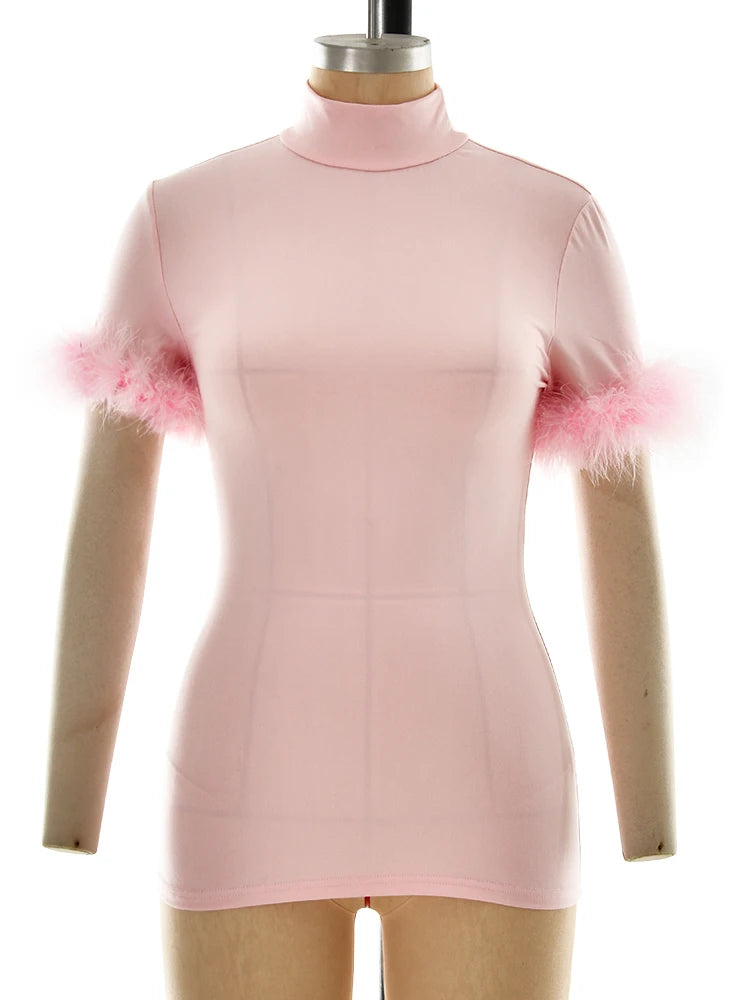 JULISSA MO Turtleneck Patchwork Feather Sleeve Women T-shirts Short Sleeve Casual Short Tops Summer Slim Fashion Party Clubwear
