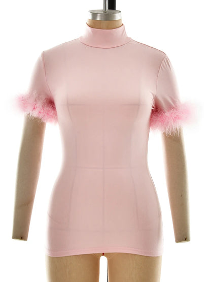 JULISSA MO Turtleneck Patchwork Feather Sleeve Women T-shirts Short Sleeve Casual Short Tops Summer Slim Fashion Party Clubwear