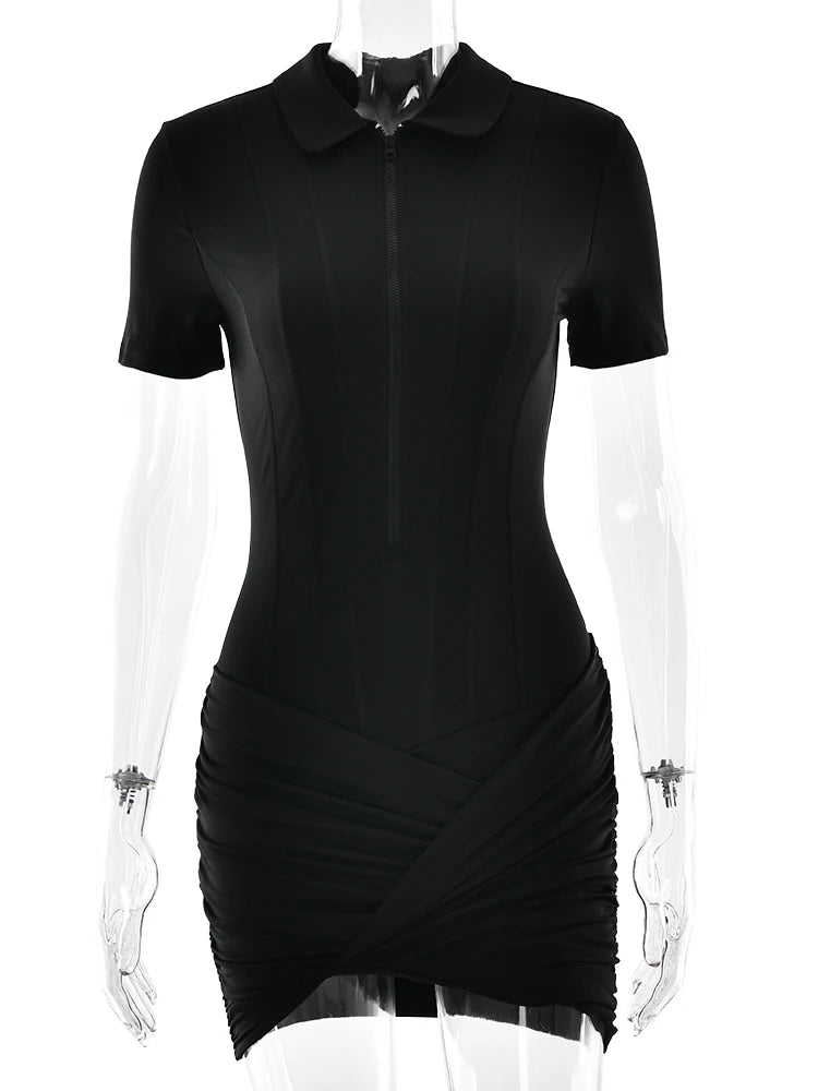 JULISSA MO Irregular Turn-down Collar Zipper Women Bodysuit Short Sleeve High Waist Bodysuit Autumn Slim Elegant Sporty Playsuit