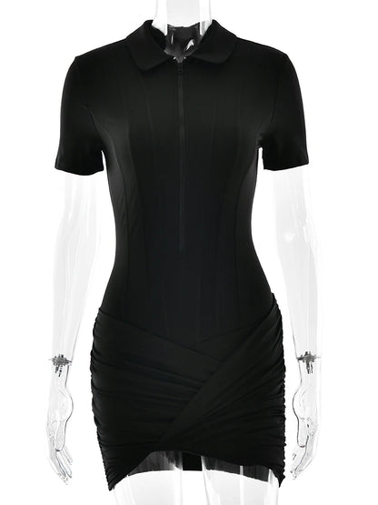 JULISSA MO Irregular Turn-down Collar Zipper Women Bodysuit Short Sleeve High Waist Bodysuit Autumn Slim Elegant Sporty Playsuit