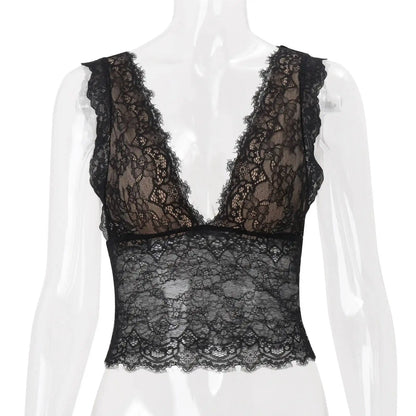 JULISSA MO Sexy Deep V-neck See Through Lace Women Vest Tops Black Sleeveless Solid Crop Top Summer Slim Elegant Streetwear 2026