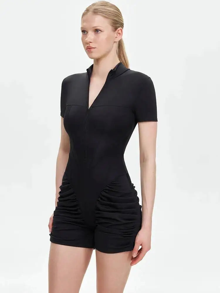JULISSA MO Turtleneck Yoga Short Sleeve Zipper Women Playsuit High Waist Ruched Bodysuit Summer Slim Casual Sporty Playsuit New