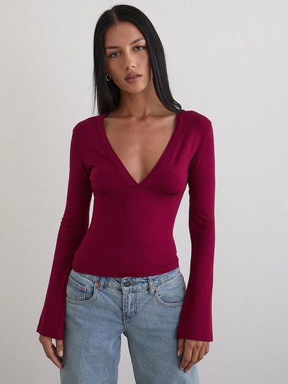 JULISSA MO Sexy Deep V-neck Solid Casual Women T-shirt Black Long Sleeve Sporty Short T-shirts Summer Skinny Elegant Streetwear
