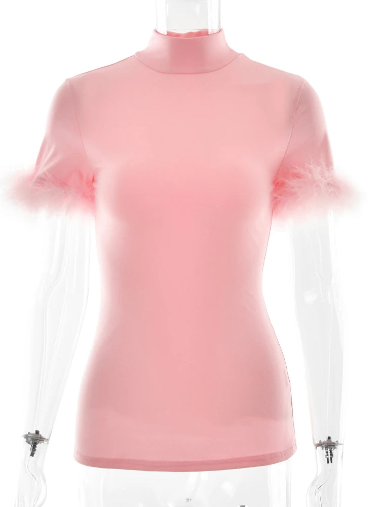 JULISSA MO Turtleneck Patchwork Feather Sleeve Women T-shirts Short Sleeve Casual Short Tops Summer Slim Fashion Party Clubwear