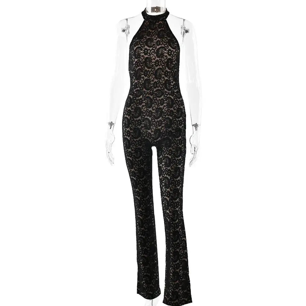 JULISSA MO Sexy Backless Sheer Lace Halter Women Jumpsuit Sleeveless High Waist Playsuit Spring Slim Elegant Party Clubwear 2026