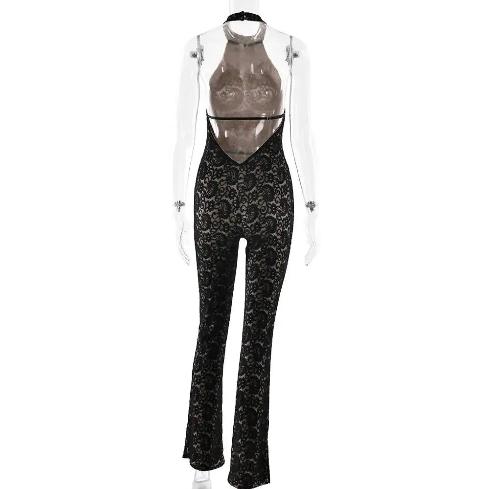 JULISSA MO Sexy Backless Sheer Lace Halter Women Jumpsuit Sleeveless High Waist Playsuit Spring Slim Elegant Party Clubwear 2026