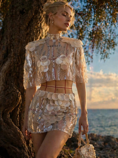 JULISSA MO Sexy See Through Sequin Shiny Women Skirt Sets Silver Round Neck Top Mini Skirt Summer Slim Fashion Holiday Beach Set
