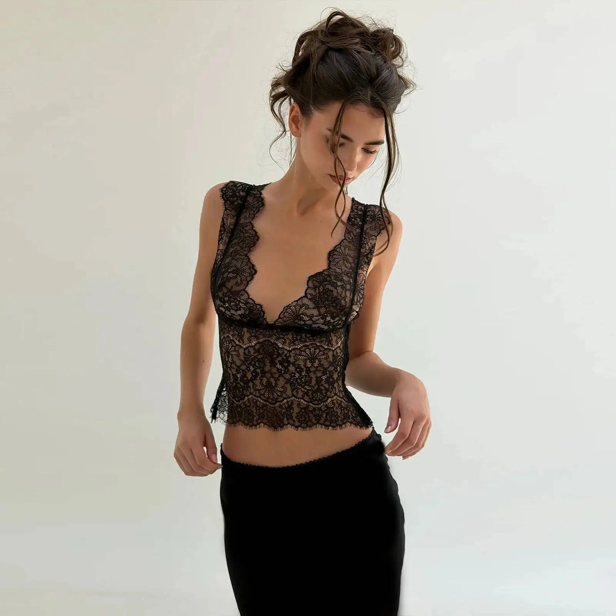 JULISSA MO Sexy Deep V-neck See Through Lace Women Vest Tops Black Sleeveless Solid Crop Top Summer Slim Elegant Streetwear 2026