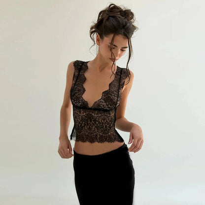 JULISSA MO Sexy Deep V-neck See Through Lace Women Vest Tops Black Sleeveless Solid Crop Top Summer Slim Elegant Streetwear 2026