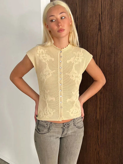 JULISSA MO Knitted Sexy Hollow Out Single Breasted Women Tops Apricot Short Sleeve Round Neck Tops Summer Slim Casual Streetwear