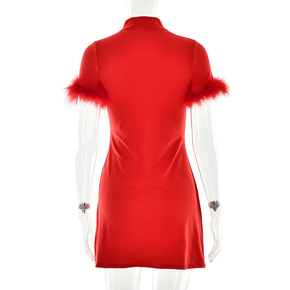 JULISSA MO Turtleneck Patchwork Feather Sleeve Women Mini Dress Short Sleeve A-line Dress Spring Skinny Elegant Party Club Dress