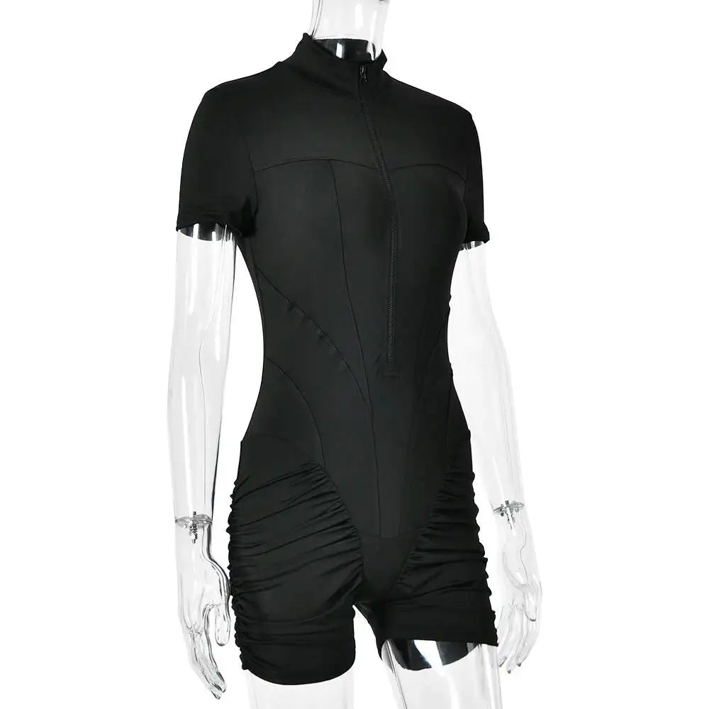 JULISSA MO Turtleneck Yoga Short Sleeve Zipper Women Playsuit High Waist Ruched Bodysuit Summer Slim Casual Sporty Playsuit New